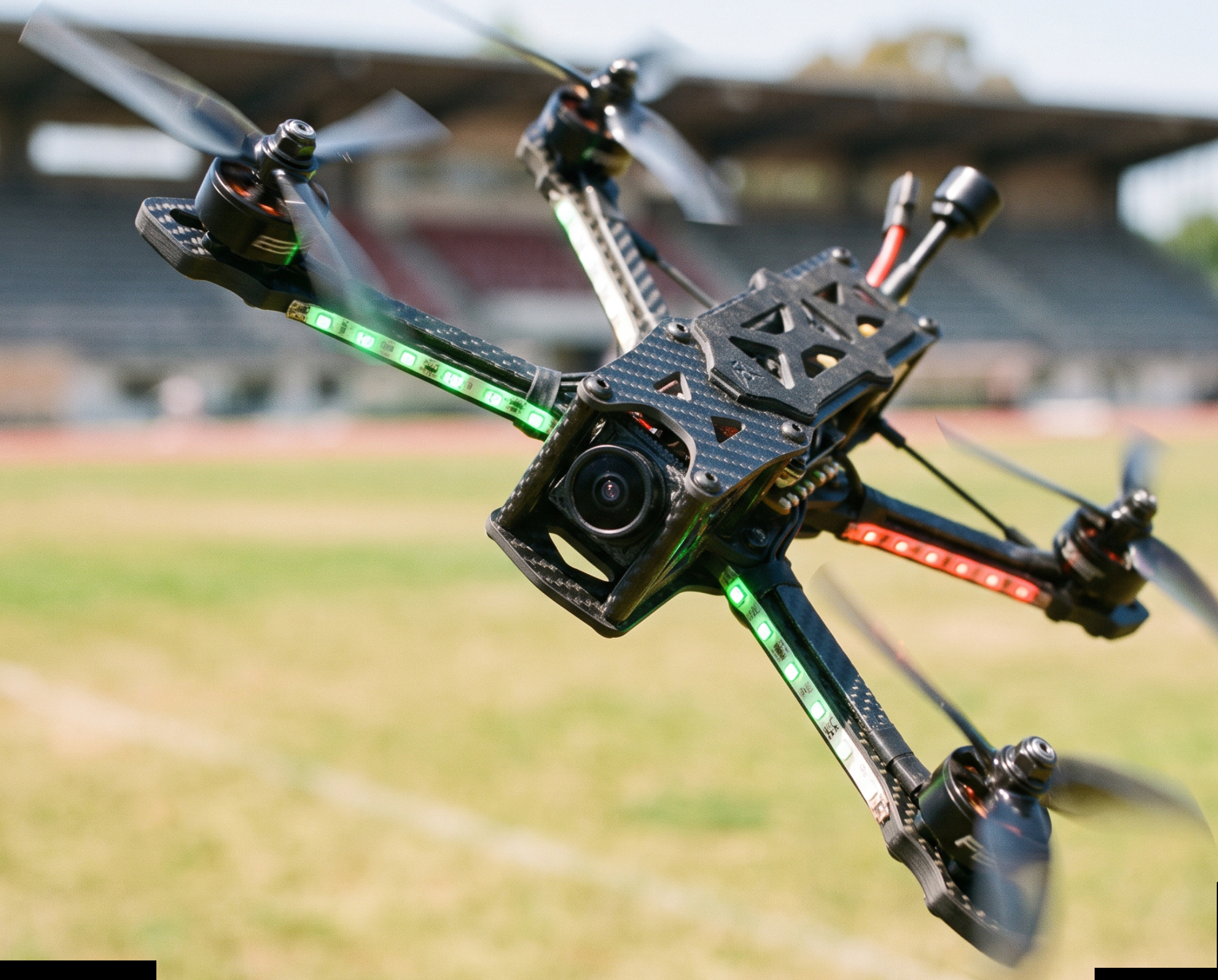 Drone FPV in volo sopra il campo di gara